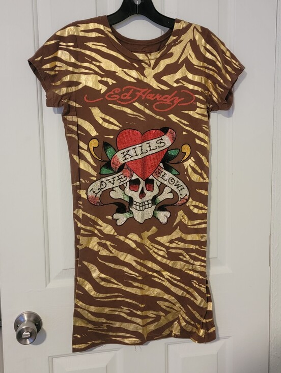 Ed Hardy Dresses & Skirts - Vintage 90's Ed Hardy Rhinestone Skull/Gold/Brown Zebra Print/Mini Dress, Medium